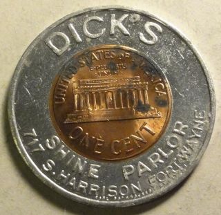 Encased Coin Fort Wayne Indiana Dicks Shine Parlor 1959 Lincoln Cent