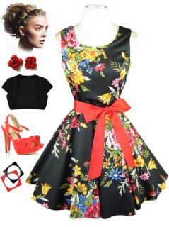 50s Style Black Floral Bouquet Print Scoop Neck Full Skirt Pinup Sun