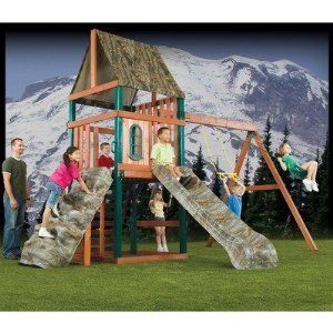 Kids Tree Fort Swingset Wood Outdoor Wooden Play Set Rock Wall Slide