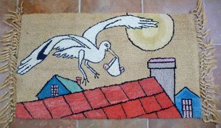 Folk Art Hooked Rug Baby Stork Quebec Early 20th Century