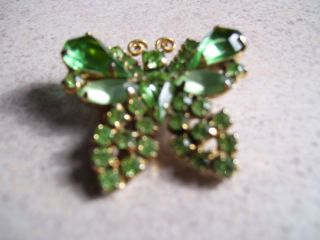 Vintage Antique WEISS BUTTERFLY PIN Light Green SIGNED Rhinestone