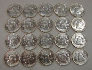 20 1957 US Franklin Silver Half Dollar Coin Lot UNC $10 Silver Face 1