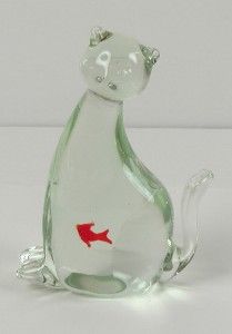 Vintage Murano Glass Cat and Fish Figure Paperweight