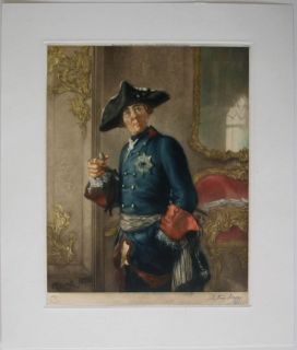 FREDERICK THE GREAT PORTRAIT COLOUR MEZZOTINT ENGRAVED SIGNED BY