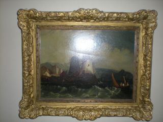 FREDERICK CALVERT signed Dutch windmills boat rough sea oil painting