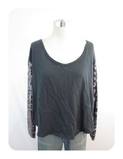 New Free People Charcoal Gray Sequin Sleeve Pullover Shirt Medium $108