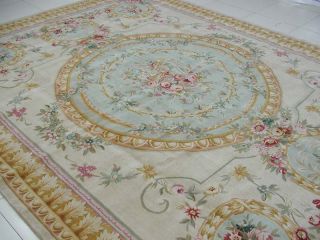  Knotted Thick and Plush French Savonnerie Green Gold Blue Area Rug