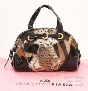 Francesco Biasia Brown Animal Print Pony Hair Patent Trim Handbag