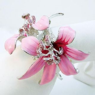 Two Lily Flower Bracelet Cuff w Pink Rhinestone Crystal