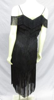 Vtg 80s Deco Tier Black Fringe Flapper Cocktail Party Trophy Dress S