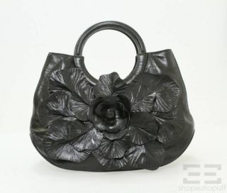 Anne Fontaine Black Leather Flower Framed Handle Handbag