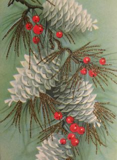 50s Glittered Mid Century Modern Pinecones Vintage Christmas Card 542