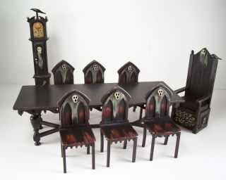 OOAK Miniature Dollhouse Spooky Gothic Medieval Table & 6 Chairs & 2