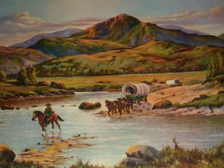 FREDERICK D OGDEN VINTAGE PRINT OF COVERED WAGONS 20 X 16 PERFECT