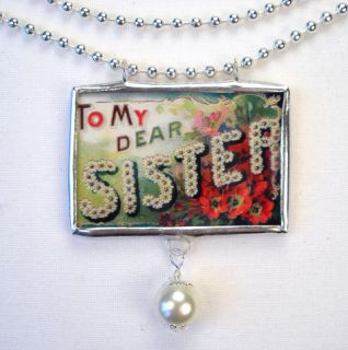To My Dear Sister Reversible Vintage Postcard Necklace