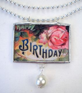Happy Birthday Cottage Rose Vintage Postcard Necklace
