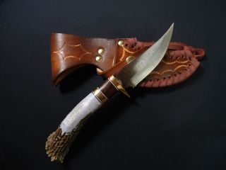 Ken Richardson Knife Handmade 4 1 2 Stag Fixed Blade w Wood Accent