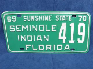 1969 Florida State License Plate Seminole Indian 419