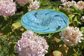 Aqua Teal Hand Blown Glass Bird Bath Garden Art Ornament Outdoor Decor