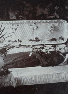 Old 1910s Funeral Photo Open Casket Dead Woman Flowers