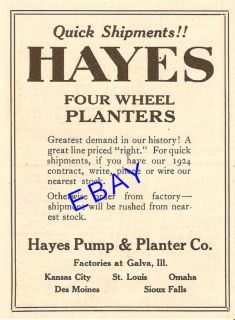 1924 Hayes Four Wheel Corn Planter Ad Galva Illinois