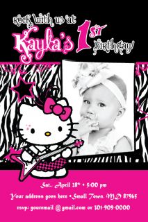 Hello Kitty Zebra Print Punk Rock Star Invitation 1st Birthday Party