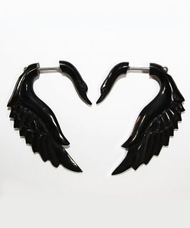  Handmade Bone Horn White Black Swan Wing Fake Gauge Earrings Pair