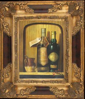 French Village Wine Cellar Original Oil Painting Wood Frame