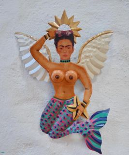 Frida Kahlo Sitting Winged Mermaid Mexican Folk Art Wall Ornament Home