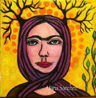 Frida Kahlo 4x4 inches original painting Mexican folk art by Maria