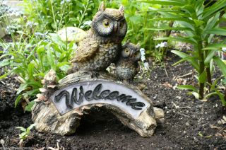 OWL WELCOME SOLAR POWERED GARDEN STONE HOOTERS NEW RESIN lawn