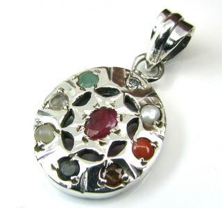  925 Sterling Silver Navratan Navratna Ruby Emerald Gemstones PENDANT