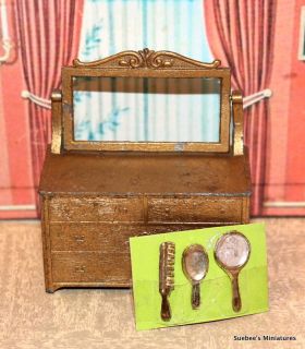  Vintage METAL Dollhouse Furniture 1930 GOLD DRESSER w/VANITY SET 1/2