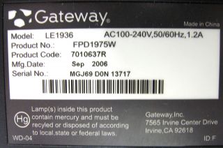 Gateway FPD1975W 19 Widescreen Flat Panel LCD Monitor as Is