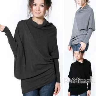 BE0D Korean Women Batwing Irregular Knit Sweater Shirt Blouse Long