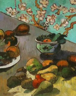 MARDRAKE Gauguin style painting still life cloth pears apples table