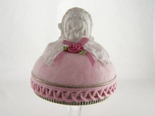German Bisque Doll Head Antique Hat Pin Cushion Jewelry Stand Swg