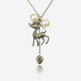 Gallant Vintage Tibet Silver Cute Horse Pearl Love Heart Necklace