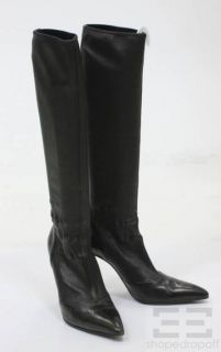 Gianni Versace Black Leather Point Toe Knee High Stiletto Boots Size
