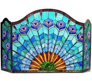 Peacock Stained Glass Tiffany Style Fireplace Screen Cut Glass 48x 28