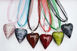 Lots 6pcs Heart Murano Glass Bead Pendant Silk Necklace Jewelry