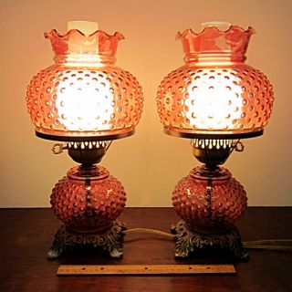 Table Lamp Pair Cranberry Hobnail Flash Glass Western Saloon Style