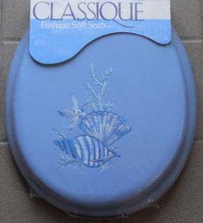 Ginsey Soft Toilet Seat Blue Shell Embroidery Round USA