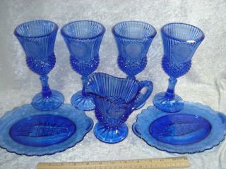  MT VERNON COBALT BLUE GLASS Creamer goblets plates George M Washington