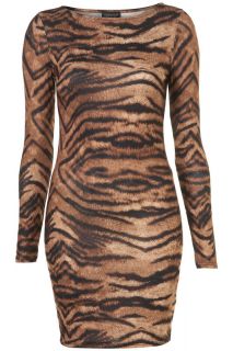 TOPSHOP Animal Tiger Print Bodycon Dress Brown Size 10