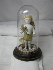 Antique Frozen Charlotte Doll Shell in Glass Dome C1860