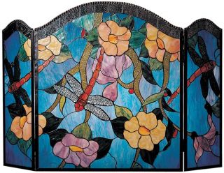  Dragonfly Fireplace Screen Hand Rolled Art Glass Blue Red Brass