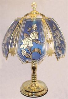 ROSES ON BLUE GLASS PANELS 24 POLISHED BRASS TOUCH LAMP 3 SETTINGS NEW