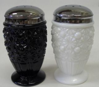 2011 Fenton Milk and Black Glass, Daisy & Button Salt & Pepper Shakers