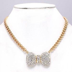  Crystal 1 BOW Tie Pendant Gold Chain Design Jewelry 17 Necklace